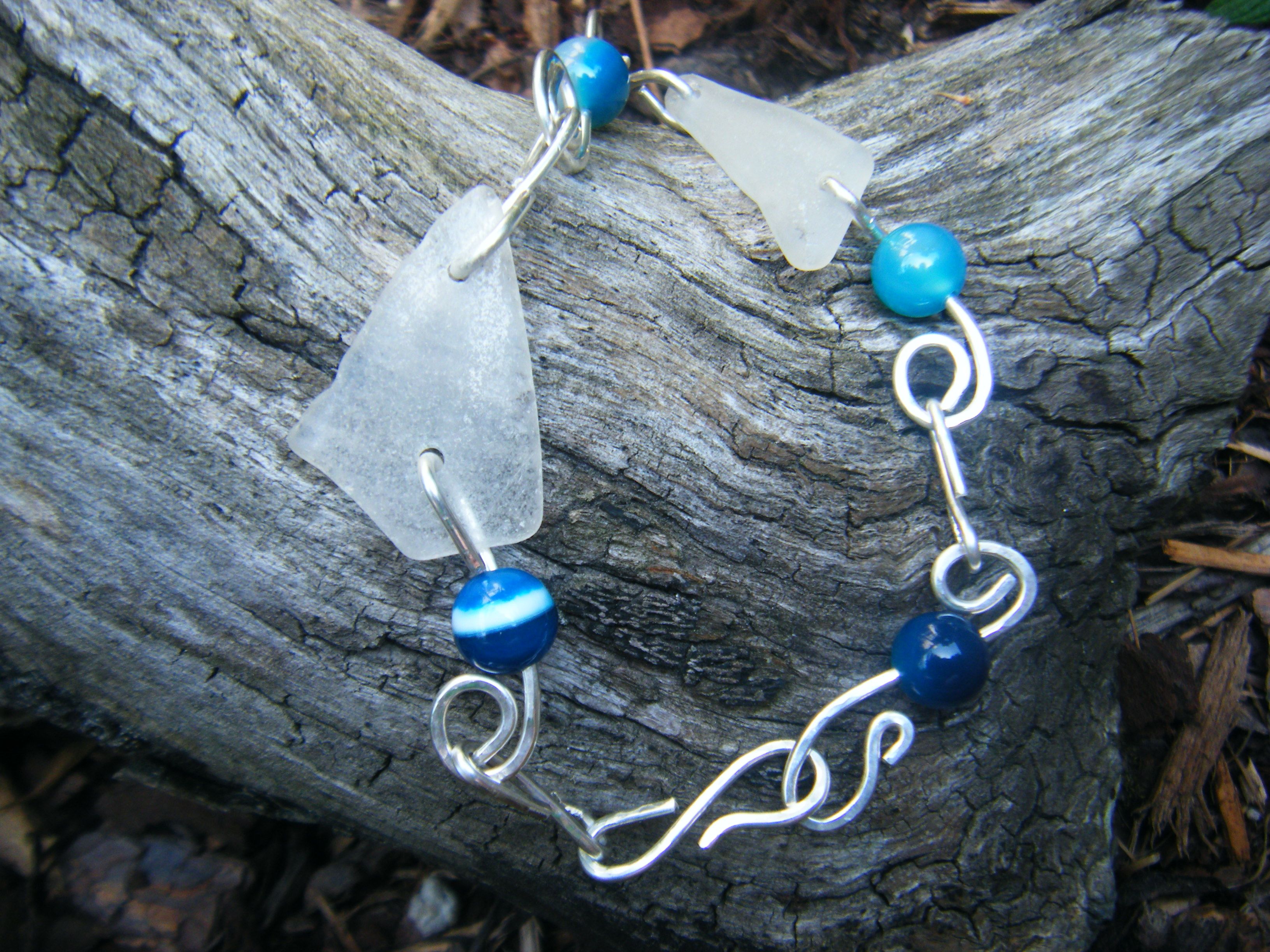 Sterling Seaglass and Agate Bracelet